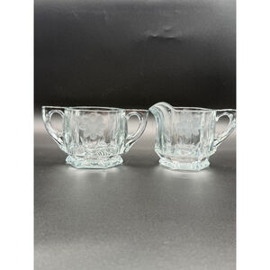 Vintage Heavy Glass Hexagon Creamer and Sugar Bowl Set Etched Floral Daisy